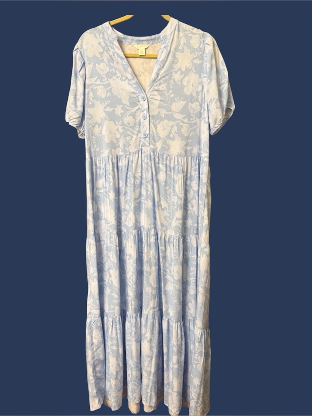 Caslon Maxie Dress Short Sleeve Blue White Empire Waist Tiered Button V Neck